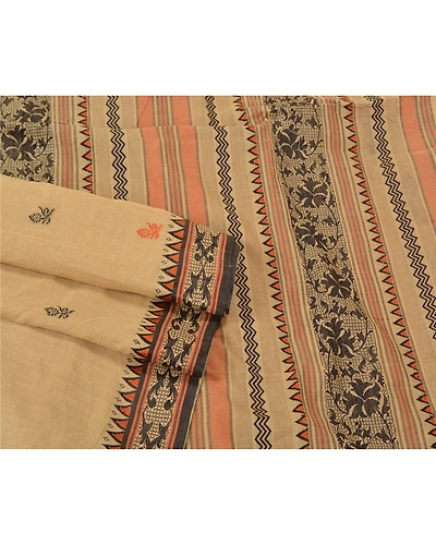 Sanskriti Vintage Beige Indian Sarees 100% Pure Cotton Woven Premium Sari Fabric, PS-61214-Beige-Woven Work-Pure Cotton-8
