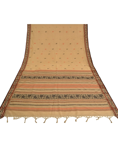 Sanskriti Vintage Beige Indian Sarees 100% Pure Cotton Woven Premium Sari Fabric, PS-61214-Beige-Woven Work-Pure Cotton-9