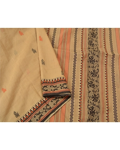 Sanskriti Vintage Beige Indian Sarees 100% Pure Cotton Woven Premium Sari Fabric, PS-61214-Beige-Woven Work-Pure Cotton-10