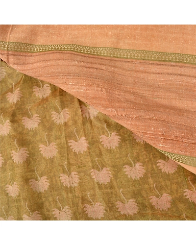 Sanskriti Vintage Green Indian Sarees Pure Silk Printed Woven Sari Craft Fabric, PS-61220-Green &amp; Peach-Printed Work-Pure Silk-3