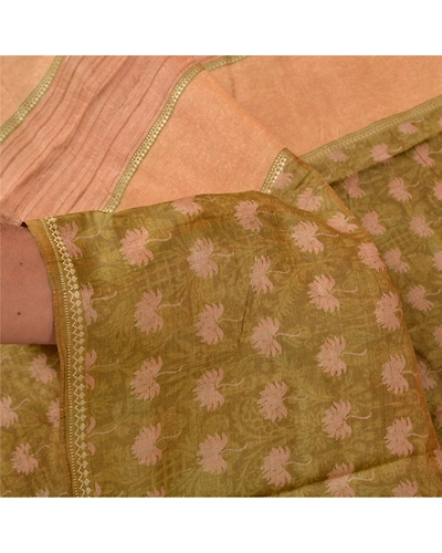 Sanskriti Vintage Green Indian Sarees Pure Silk Printed Woven Sari Craft Fabric, PS-61220-Green &amp; Peach-Printed Work-Pure Silk-5