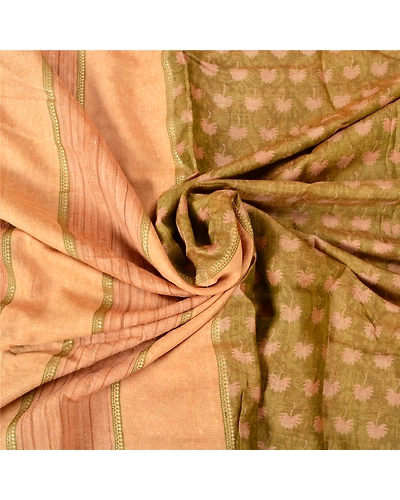 Sanskriti Vintage Green Indian Sarees Pure Silk Printed Woven Sari Craft Fabric, PS-61220-Green &amp; Peach-Printed Work-Pure Silk-7