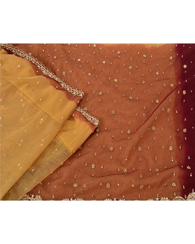 Sanskriti Vintage Yellow Sarees Net Mesh Hand Beaded Premium Sari Craft Fabric, PS-61224-Yellow &amp; Dark Red-Zardozi Work-Net Mesh-2