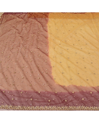 Sanskriti Vintage Yellow Sarees Net Mesh Hand Beaded Premium Sari Craft Fabric, PS-61224-Yellow &amp; Dark Red-Zardozi Work-Net Mesh-4