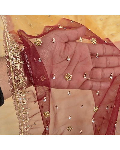 Sanskriti Vintage Yellow Sarees Net Mesh Hand Beaded Premium Sari Craft Fabric, PS-61224-Yellow &amp; Dark Red-Zardozi Work-Net Mesh-5