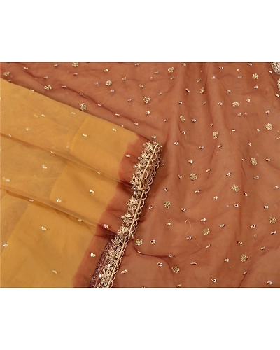 Sanskriti Vintage Yellow Sarees Net Mesh Hand Beaded Premium Sari Craft Fabric, PS-61224-Yellow &amp; Dark Red-Zardozi Work-Net Mesh-8