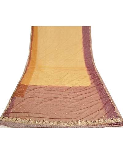 Sanskriti Vintage Yellow Sarees Net Mesh Hand Beaded Premium Sari Craft Fabric, PS-61224-Yellow &amp; Dark Red-Zardozi Work-Net Mesh-9