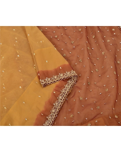 Sanskriti Vintage Yellow Sarees Net Mesh Hand Beaded Premium Sari Craft Fabric, PS-61224-Yellow &amp; Dark Red-Zardozi Work-Net Mesh-10