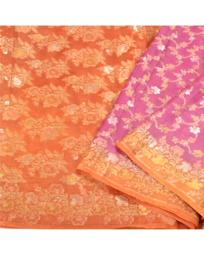 Sanskriti Vintage Pink Sarees 100% Pure Silk Woven Premium Sari Craft Fabric, PS-61227-Pink &amp; Orange-Woven Work-Pure Silk-2