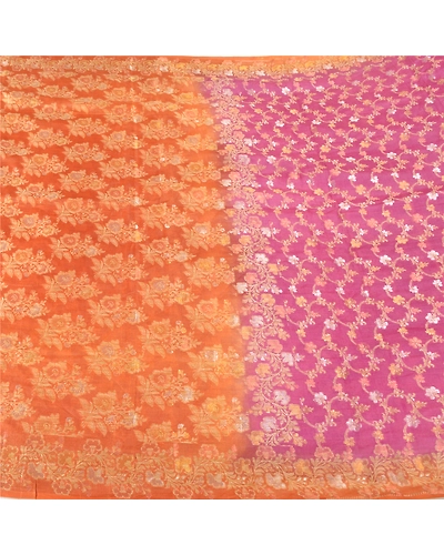 Sanskriti Vintage Pink Sarees 100% Pure Silk Woven Premium Sari Craft Fabric, PS-61227-Pink &amp; Orange-Woven Work-Pure Silk-4