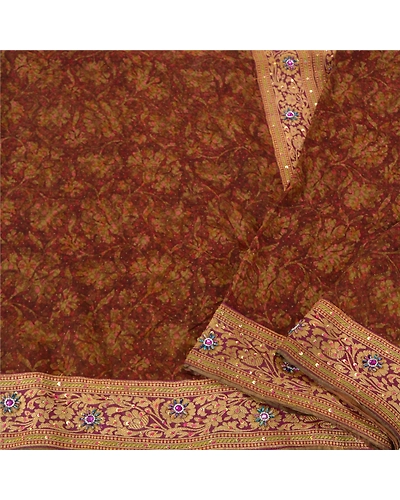 Sanskriti Vintage Bollywood Sarees Pure Georgette Silk Hand Beaded Sari Fabric, PS-61236-Brown-Woven Work-Pure Georgette Silk-2
