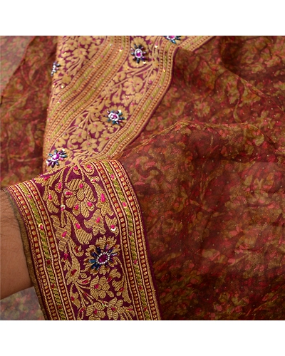 Sanskriti Vintage Bollywood Sarees Pure Georgette Silk Hand Beaded Sari Fabric, PS-61236-Brown-Woven Work-Pure Georgette Silk-5