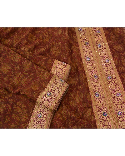 Sanskriti Vintage Bollywood Sarees Pure Georgette Silk Hand Beaded Sari Fabric, PS-61236-Brown-Woven Work-Pure Georgette Silk-8