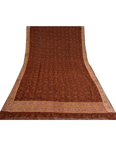 Sanskriti Vintage Bollywood Sarees Pure Georgette Silk Hand Beaded Sari Fabric, PS-61236-Brown-Woven Work-Pure Georgette Silk-9