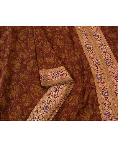 Sanskriti Vintage Bollywood Sarees Pure Georgette Silk Hand Beaded Sari Fabric, PS-61236-Brown-Woven Work-Pure Georgette Silk-10