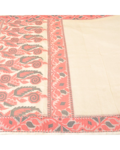 Sanskriti Vintage Ivory Sarees Blend Silk Woven Kota Doria Premium Sari Fabric, PS-61240-Ivory-Woven Work-Blend Silk-4