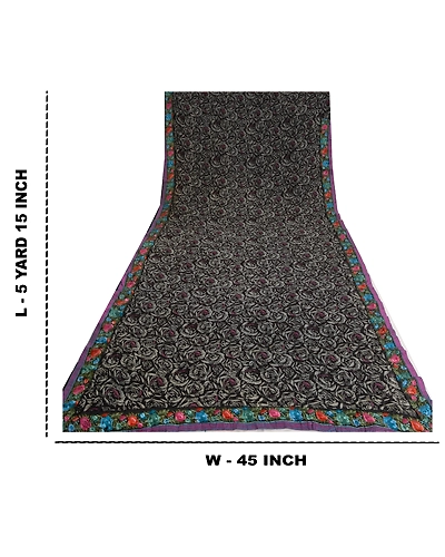 Sanskriti Vintage Black Sarees Blend Georgette Embroidered Parsee Sari Fabric, PS-61256-Black-Thread Work-Blend Georgette-1