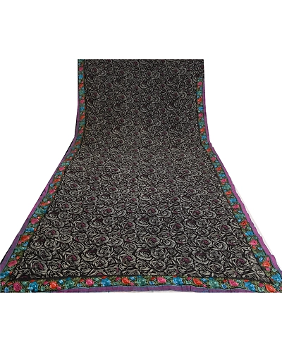 Sanskriti Vintage Black Sarees Blend Georgette Embroidered Parsee Sari Fabric, PS-61256-Black-Thread Work-Blend Georgette-9
