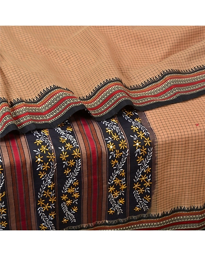 Sanskriti Vintage Brown Sarees Blend Cotton Hand Beaded Premium Sari Fabric, PS-61257-Black &amp; Brown-Thread Work-Blend Cotton-2