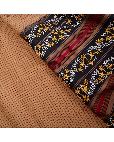 Sanskriti Vintage Brown Sarees Blend Cotton Hand Beaded Premium Sari Fabric, PS-61257-Black &amp; Brown-Thread Work-Blend Cotton-3