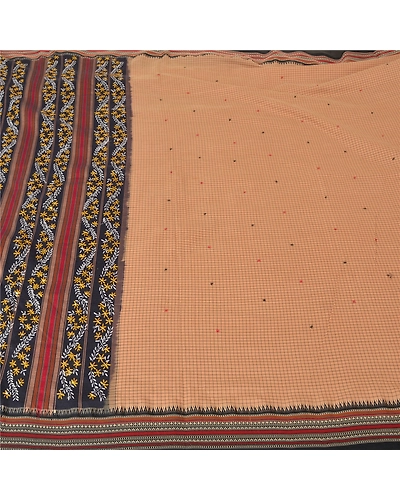 Sanskriti Vintage Brown Sarees Blend Cotton Hand Beaded Premium Sari Fabric, PS-61257-Black &amp; Brown-Thread Work-Blend Cotton-4