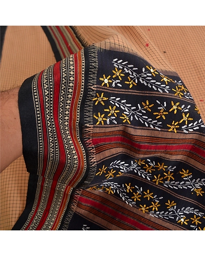 Sanskriti Vintage Brown Sarees Blend Cotton Hand Beaded Premium Sari Fabric, PS-61257-Black &amp; Brown-Thread Work-Blend Cotton-5