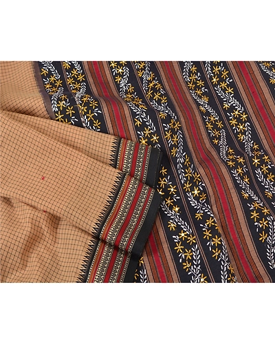 Sanskriti Vintage Brown Sarees Blend Cotton Hand Beaded Premium Sari Fabric, PS-61257-Black &amp; Brown-Thread Work-Blend Cotton-8