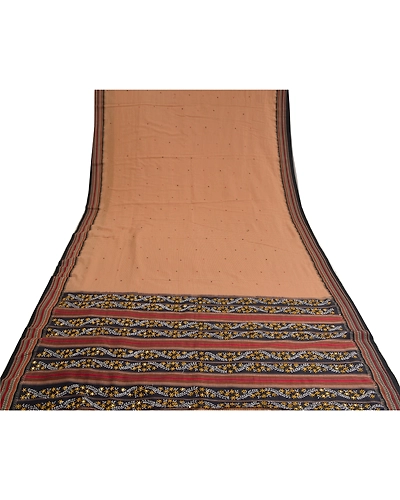 Sanskriti Vintage Brown Sarees Blend Cotton Hand Beaded Premium Sari Fabric, PS-61257-Black &amp; Brown-Thread Work-Blend Cotton-9