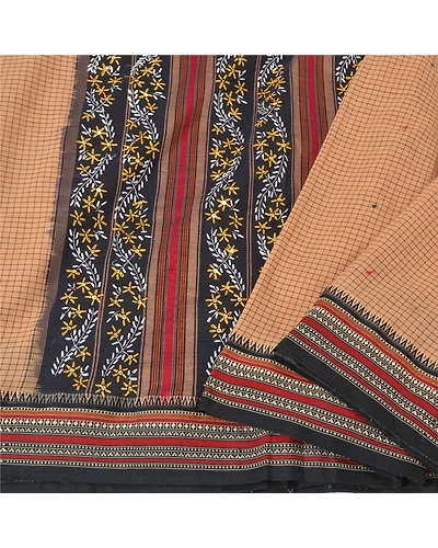 Sanskriti Vintage Brown Sarees Blend Cotton Hand Beaded Premium Sari Fabric, PS-61257-Black &amp; Brown-Thread Work-Blend Cotton-10