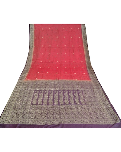 Sanskriti Vintage Purple Sarees Pure Silk Embroidered Woven Sari Craft Fabric, PS-61283-Purple &amp; Dark Red-Woven Work-Pure Silk-9