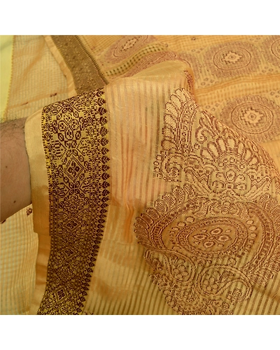 Sanskriti Vintage Cream Indian Sarees Cotton Woven Kota Doria Sari 5 Yard Fabric, PS-61288-Cream-Woven Work-Cotton-5