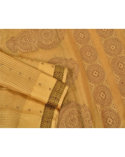 Sanskriti Vintage Cream Indian Sarees Cotton Woven Kota Doria Sari 5 Yard Fabric, PS-61288-Cream-Woven Work-Cotton-8