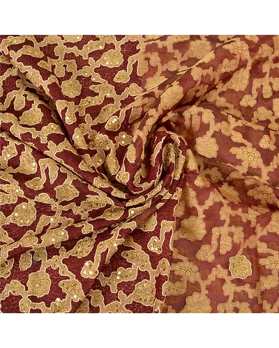 Sanskriti Vintage Dark Red Sarees Pure Organza Silk Handmade Woven Sari Fabric, PS-61293-Dark Red-Thread Work-Pure Organza Silk-7