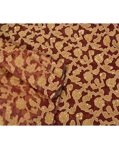 Sanskriti Vintage Dark Red Sarees Pure Organza Silk Handmade Woven Sari Fabric, PS-61293-Dark Red-Thread Work-Pure Organza Silk-8