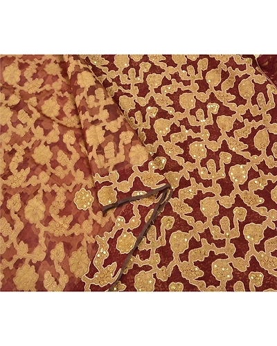 Sanskriti Vintage Dark Red Sarees Pure Organza Silk Handmade Woven Sari Fabric, PS-61293-Dark Red-Thread Work-Pure Organza Silk-10