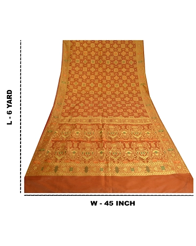 Sanskriti Vintage Dark Orange Sarees Organza Woven Premium Sari Craft Fabric, PS-61295-Dark Orange-Woven Work-Organza-1