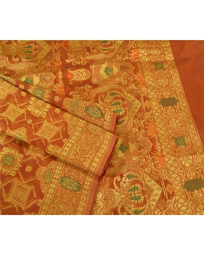 Sanskriti Vintage Dark Orange Sarees Organza Woven Premium Sari Craft Fabric, PS-61295-Dark Orange-Woven Work-Organza-7
