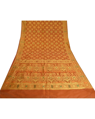 Sanskriti Vintage Dark Orange Sarees Organza Woven Premium Sari Craft Fabric, PS-61295-Dark Orange-Woven Work-Organza-8