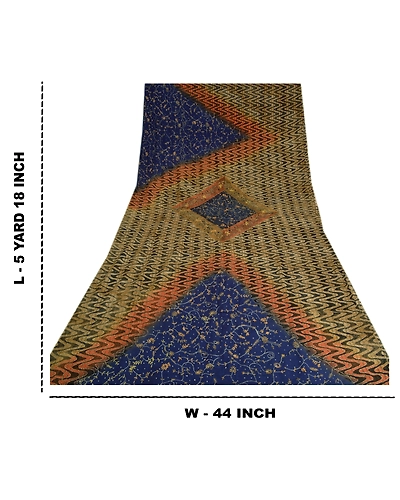 Sanskriti Vintage Blue Sarees Pure Crepe Silk Hand Beaded Kantha Sari Fabric, PS-61308-Blue &amp; Brown-Thread Work-Pure Crepe Silk-1