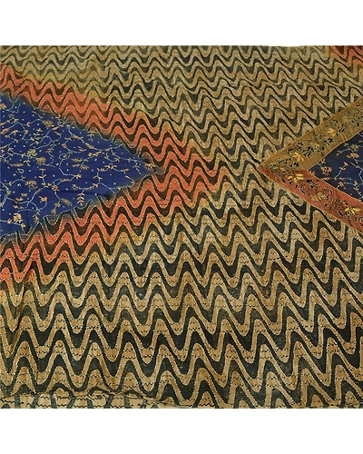 Sanskriti Vintage Blue Sarees Pure Crepe Silk Hand Beaded Kantha Sari Fabric, PS-61308-Blue &amp; Brown-Thread Work-Pure Crepe Silk-2