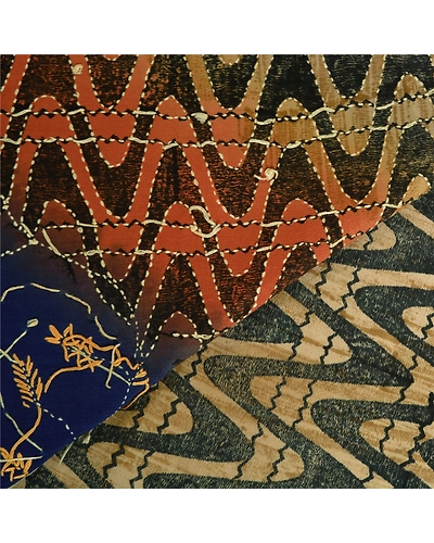 Sanskriti Vintage Blue Sarees Pure Crepe Silk Hand Beaded Kantha Sari Fabric, PS-61308-Blue &amp; Brown-Thread Work-Pure Crepe Silk-3