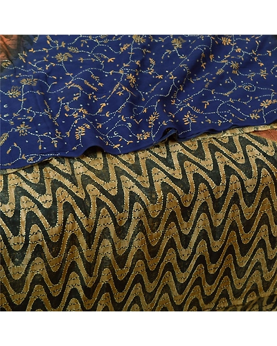 Sanskriti Vintage Blue Sarees Pure Crepe Silk Hand Beaded Kantha Sari Fabric, PS-61308-Blue &amp; Brown-Thread Work-Pure Crepe Silk-4