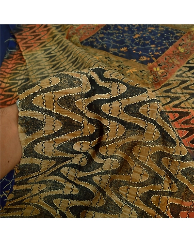 Sanskriti Vintage Blue Sarees Pure Crepe Silk Hand Beaded Kantha Sari Fabric, PS-61308-Blue &amp; Brown-Thread Work-Pure Crepe Silk-5
