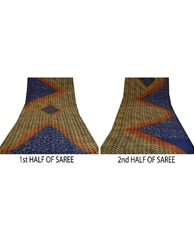 Sanskriti Vintage Blue Sarees Pure Crepe Silk Hand Beaded Kantha Sari Fabric, PS-61308-Blue &amp; Brown-Thread Work-Pure Crepe Silk-6