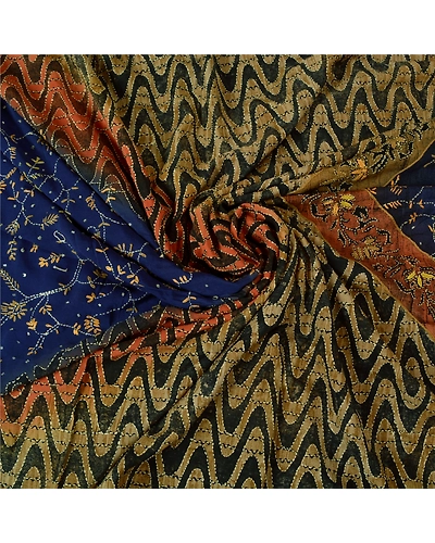 Sanskriti Vintage Blue Sarees Pure Crepe Silk Hand Beaded Kantha Sari Fabric, PS-61308-Blue &amp; Brown-Thread Work-Pure Crepe Silk-7