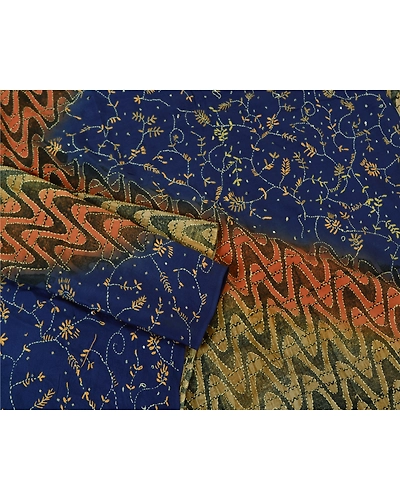 Sanskriti Vintage Blue Sarees Pure Crepe Silk Hand Beaded Kantha Sari Fabric, PS-61308-Blue &amp; Brown-Thread Work-Pure Crepe Silk-8