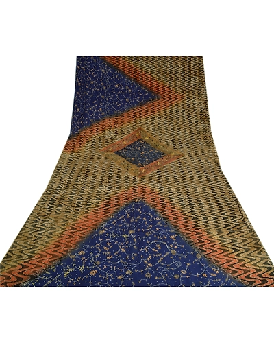 Sanskriti Vintage Blue Sarees Pure Crepe Silk Hand Beaded Kantha Sari Fabric, PS-61308-Blue &amp; Brown-Thread Work-Pure Crepe Silk-9