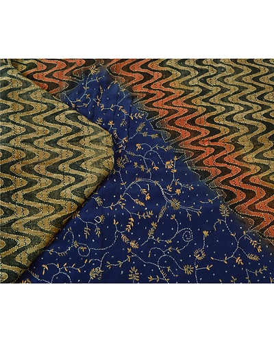Sanskriti Vintage Blue Sarees Pure Crepe Silk Hand Beaded Kantha Sari Fabric, PS-61308-Blue &amp; Brown-Thread Work-Pure Crepe Silk-10
