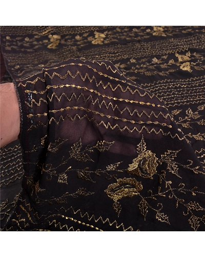 Sanskriti Vintage Bollywood Sarees Pure Georgette Silk Embroidered Sari Fabric, PS-61325-Black-Thread Work-Pure Georgette Silk-5