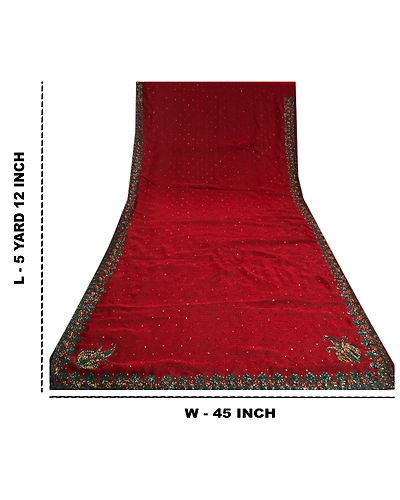Sanskriti Vintage Dark Red Sarees Art Silk Hand Beaded Woven Ethnic Sari Fabric, PS-61335-Dark Red-Beaded Work-Art Silk-1
